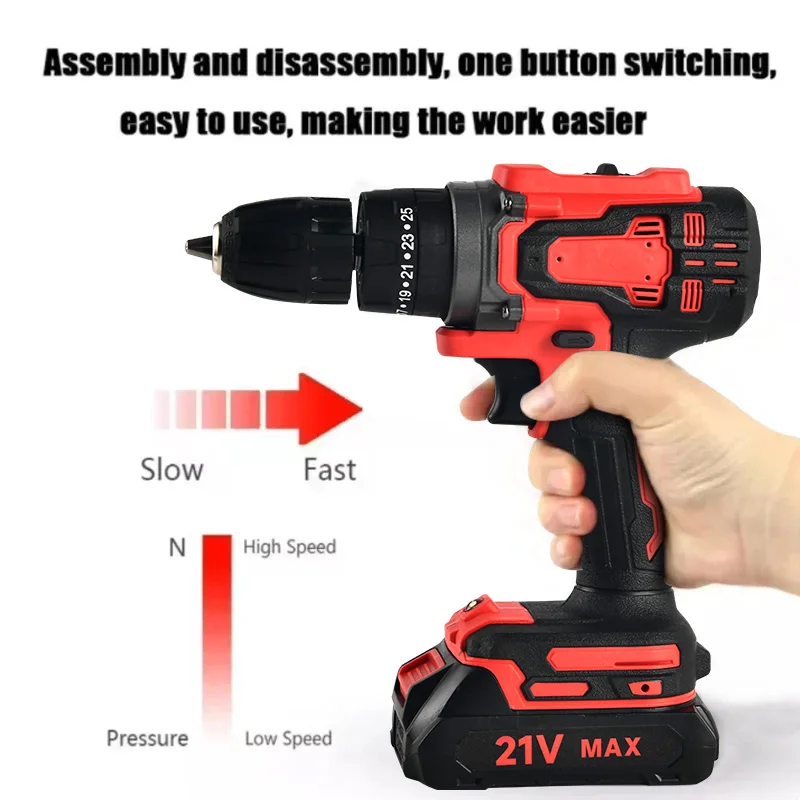 21V Electric Drill Brush Motor 2 Speed Control Stepless Speed Regulation Rotation Ways 25 Gears Torques Adjustable Lithium Drill