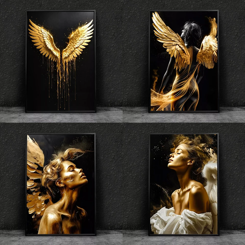Graffiti doré de luxe ailes d'ange dorées femme abstraite noir or toile peinture Art affiche salon décor à la maison murale