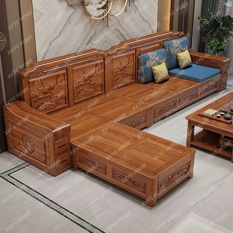 KKNew chinoiserie walnut living room furniture combination suit storage wooden sofa