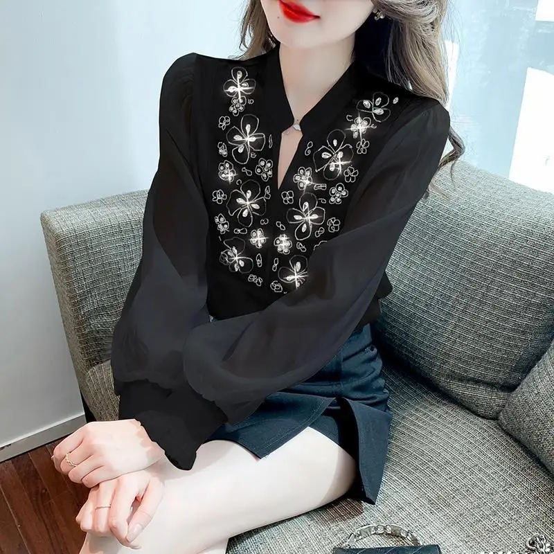Spring Autumn New Fashion Solid Color Women's Clothing Shirts Diamonds Lace Half Open Collar Temperament Zipper Korean Blouses