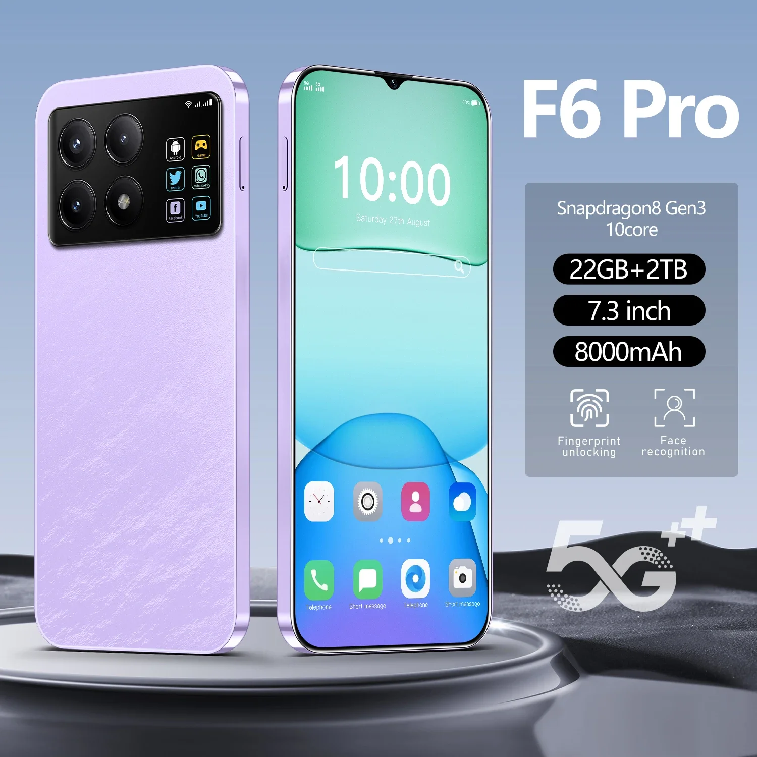 F6 Pro 5G Global Version 7.3HD Screen 22G + 2T 7000Mah Android14 Cellulare Dual Sim Face Unlocked Mobile Phone 108MP Cell Phone