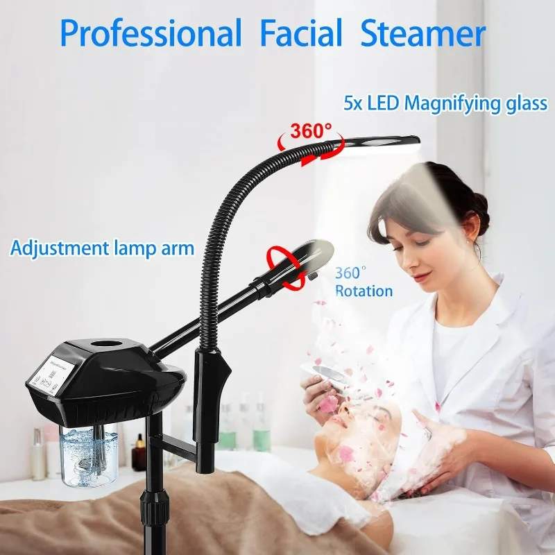 2-in-1 Facial Steamer with 5X Magnifying Lamp, Ozone Facial Steamer for Facial Deep Cleaning, Facial Steamer on Wheels