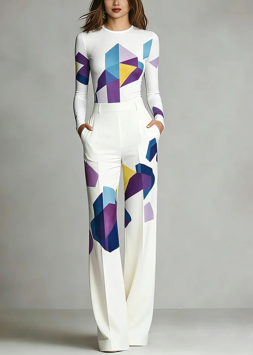 

Women's Fashion Autumn Print Set Color Block Geometric 2 Piece Outfit Long Sleeve Slim Top &Pocket Trousers Elegant Daily Outfit