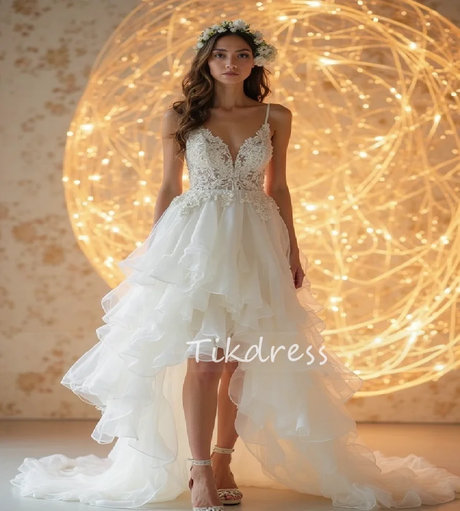 

Celestial Hi Low Bohemian Wedding Dress Lace Spaghetti Straps Tiered Ruffles Fairytale Bridal Dress 2025 Gatsby Bride Customized