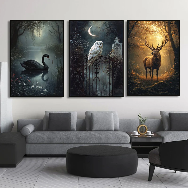 1pc frameless Canvas Painting Vintage Moth Fox Wolf Swan Raven Deer Owl Book Mushroom Poster Dark Academia Gothic Rustic Aesthet - view 4