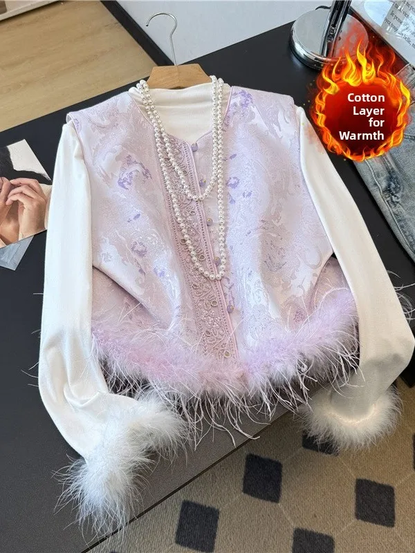 

New Chinese Sle Embroidered Beaded Button Frayed Cotton Warmth Svel round Ne Vest Women's Traditional Faion Top
