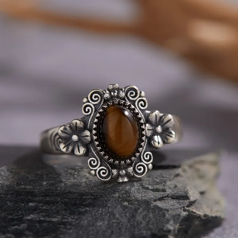 Thai silver curl grass pattern lapis lazuli tiger's eye stone ring female S925 sterling silver ethnic wind relief ring source