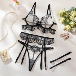 High Quality Woman's Black Embroidery Floral Lingerie Set Transparent Bra Brief Thong G-String