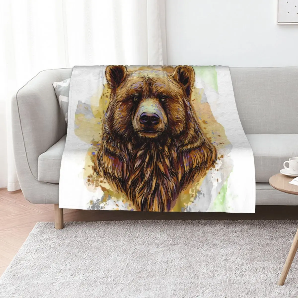 Watercolor Grizzly Bear Throw Blanket Personalized Gift Winter beds Travel Shaggy Beach Sofas Blankets