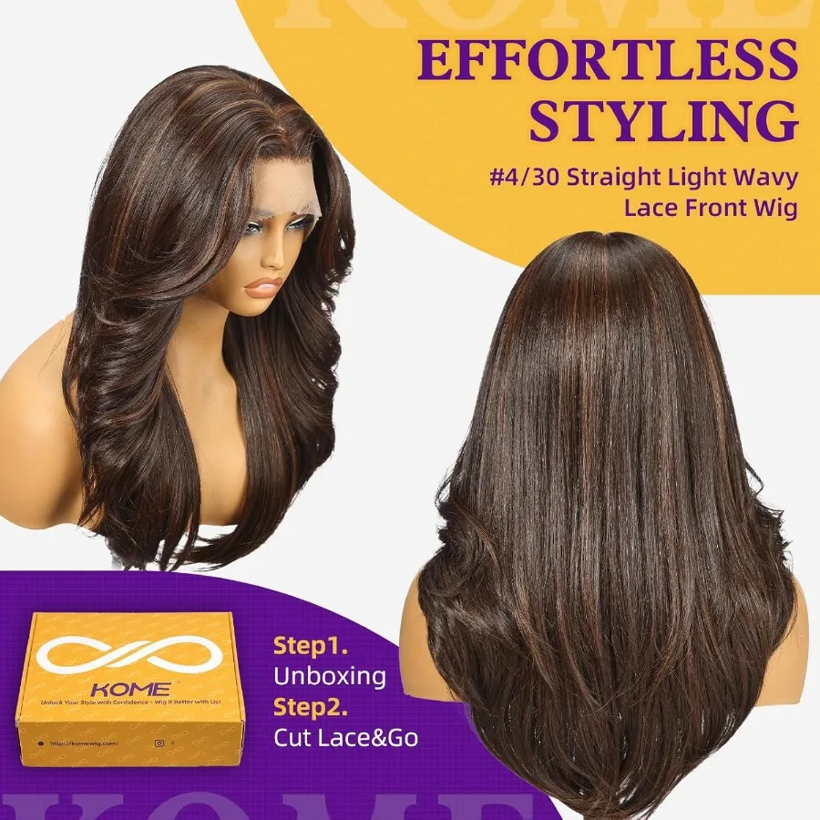 باروكة أمامية من الدانتيل الاصطناعي باللون البني 13X6 HD شعر مستعار طويل مستقيم بدون صمغ للنساء للاستخدام اليومي 20IN مثالي للارتداء اليومي