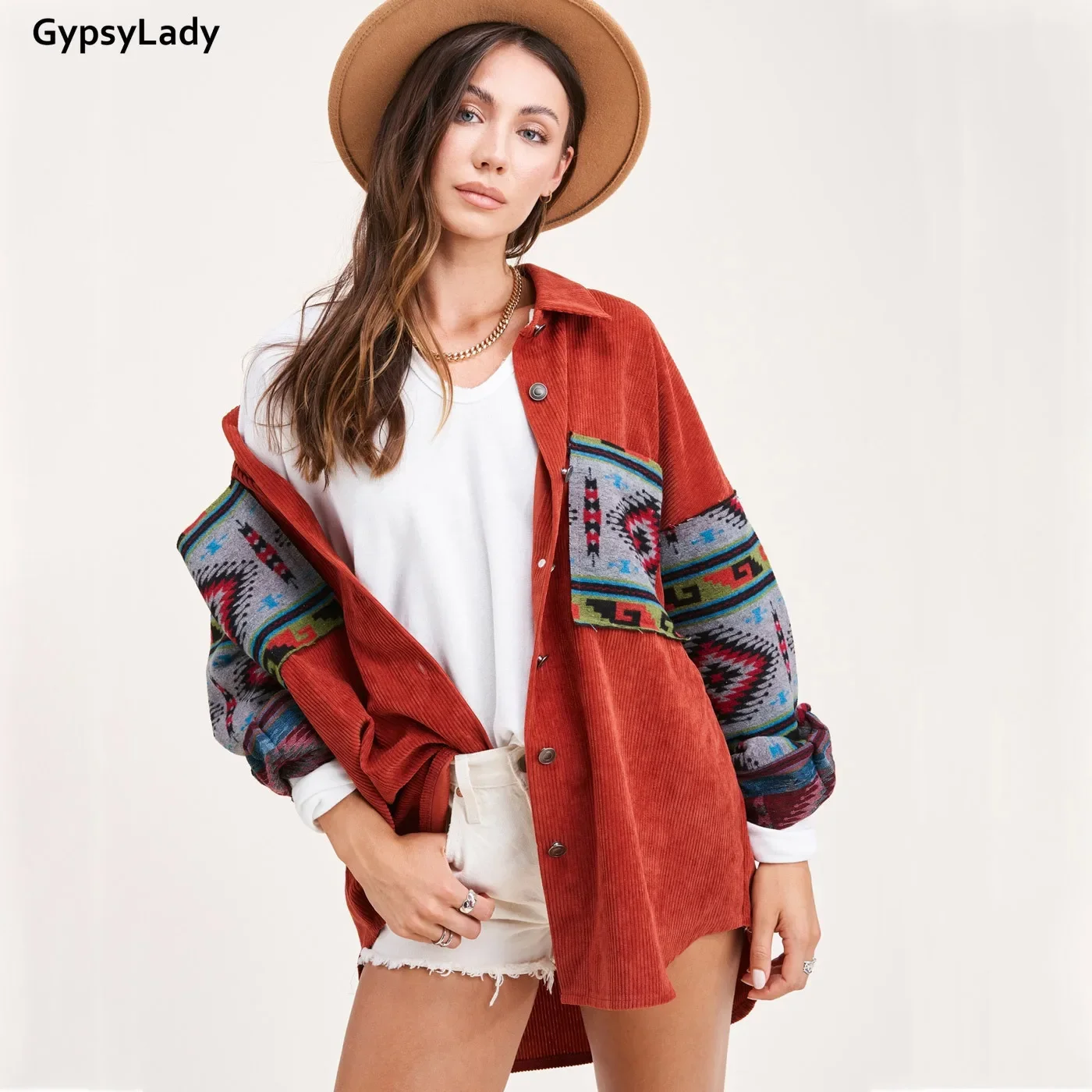 GypsyLady giacche in velluto a coste con stampa floreale cappotto Vintage Boho giacche da donna allentate cappotti tasca autunno inverno giacca