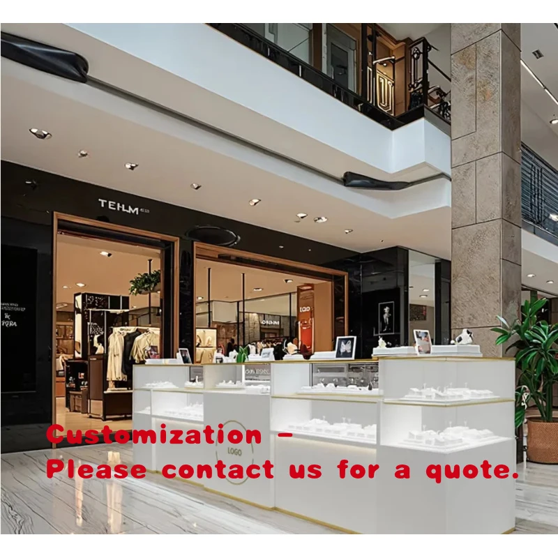 

custom.Modern Stainless Steel Tempered Glass Wooden Top Jewelry Mall Kiosk Gemstone Display Showcase LED Lighting