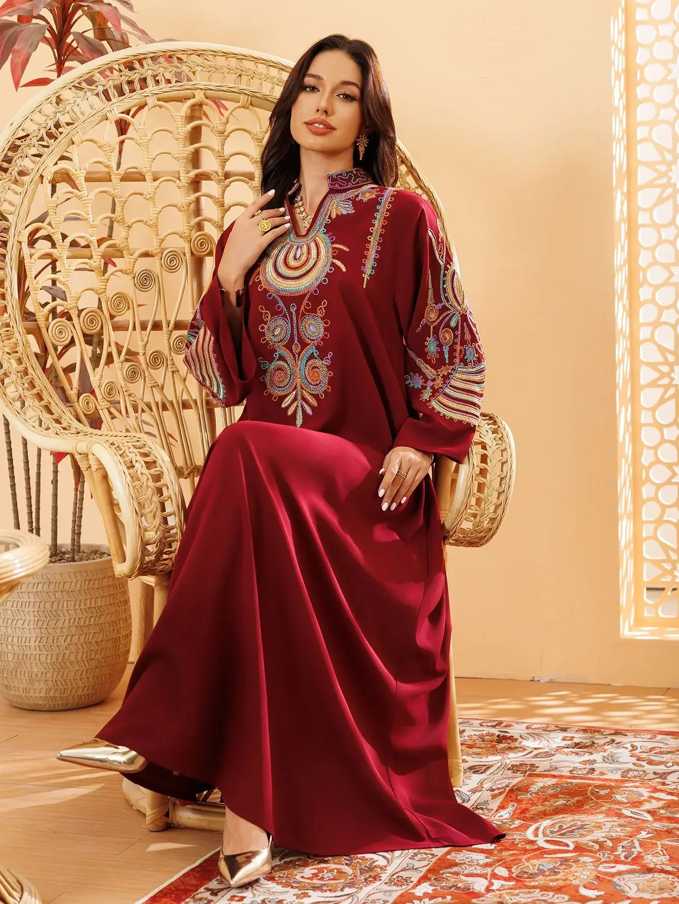 

Ramadan Muslim Women Embroidery Maxi Dress Islam Clothing Arab Robe Eid Djellaba Dubai Abaya Turkey Kaftan Femme Musulmane Gown