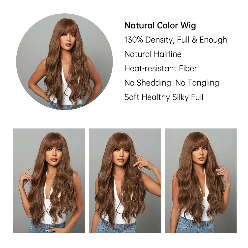 HENRY MARGU Long Brown Wave Synthetic Wigs with Bangs Copper Ginger Hair Wigs for Women Natural Cosplay Use Heat Resistant