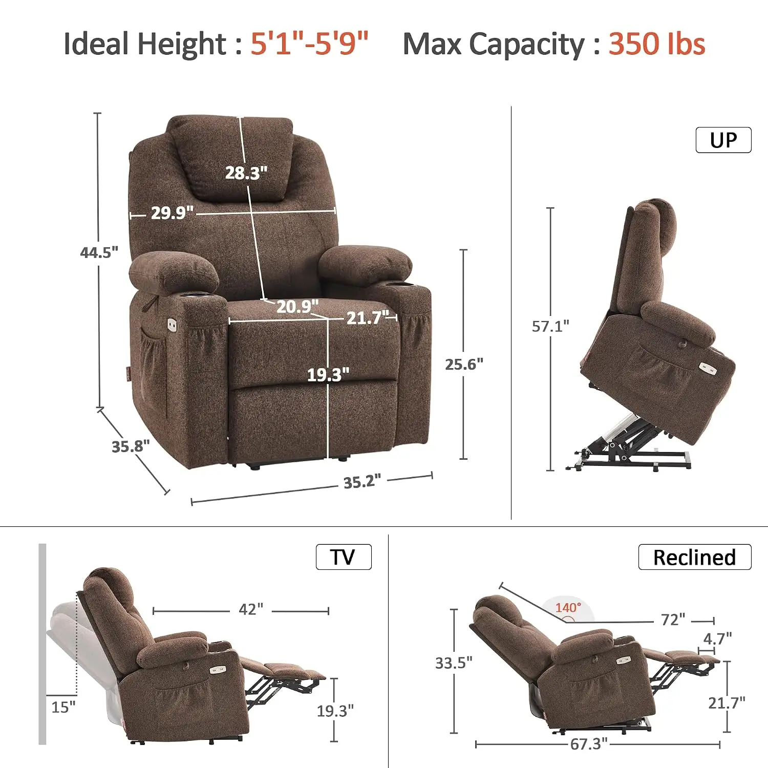 Power Lift Recliner for Elderly with Heat & Massage, Fabric Upholstery, Medium Size, Coffee, Customized