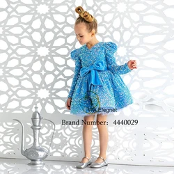 Blue Sequined Flower Girl Dresses for Girls Scoop Full Sleeve Wedding Party Gowns 2023 Summer Knee Length فساتين للحفلات الراقصة