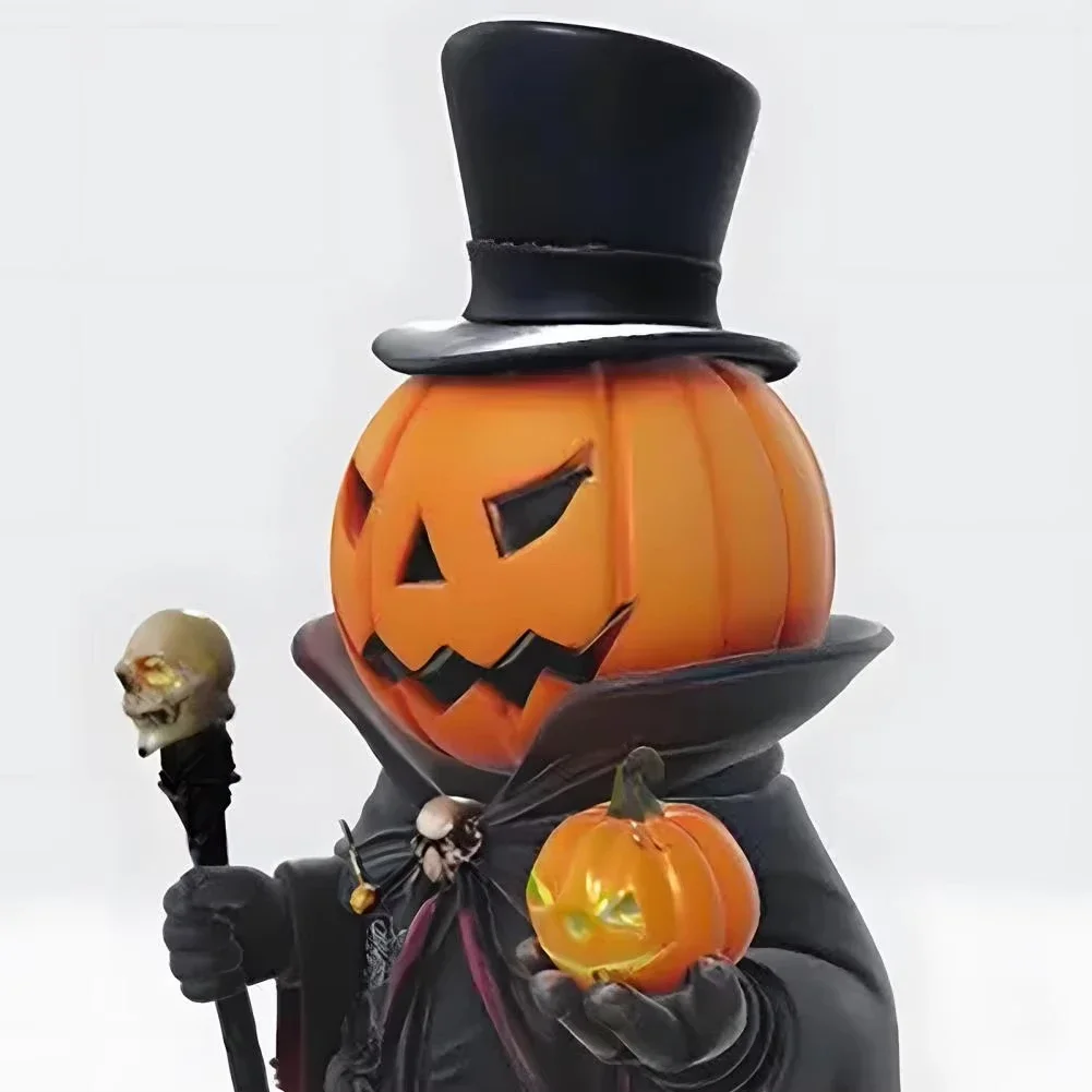 Gothic Pumpkin Warlock Figurine With Top Hat Skeleton Cane Halloween Tabletop Decoration Spooky Resin Craft Ornament