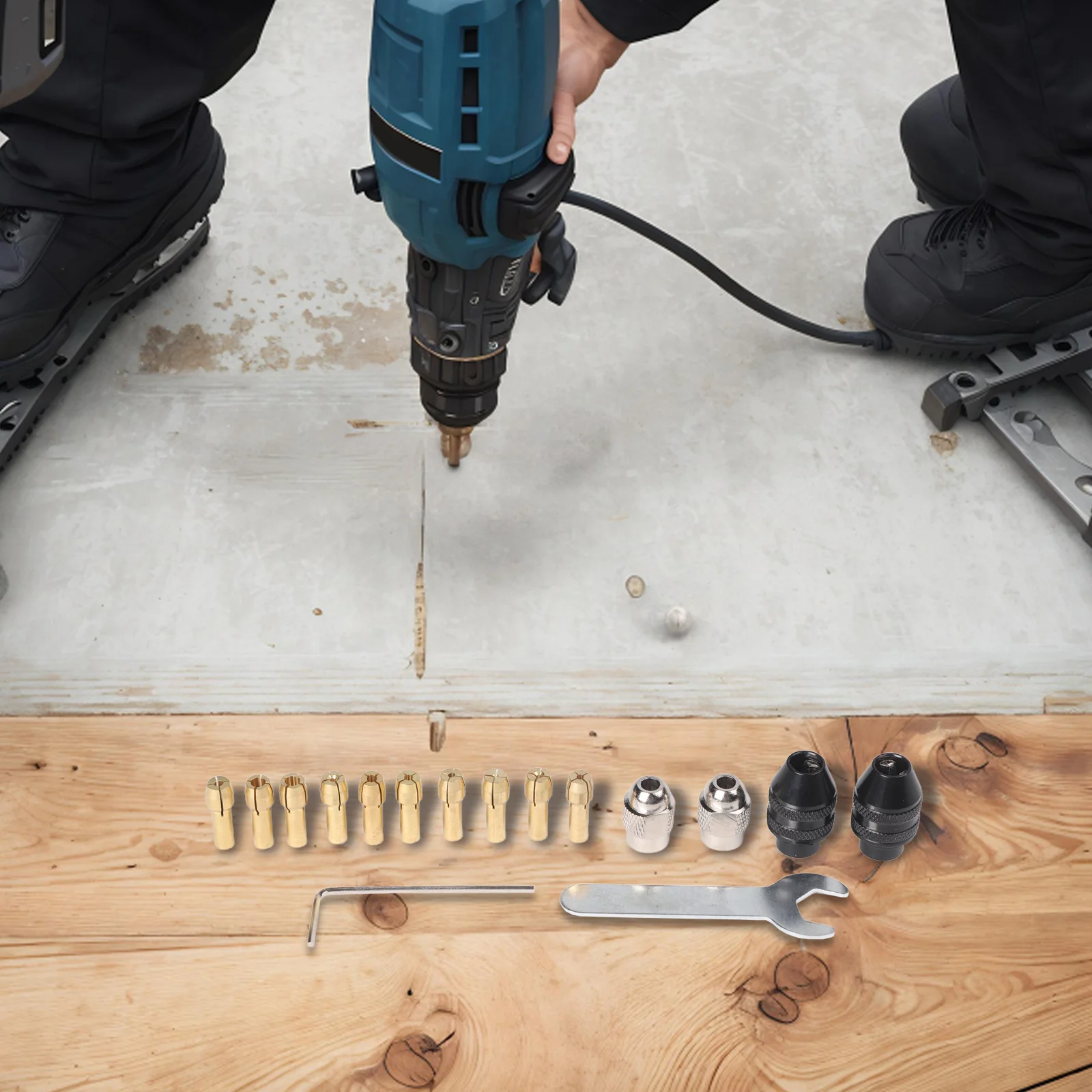 回転工具を使用した穴あけ、研磨、研削作業における多様な用途に対応する堅牢なキーレスクイックチェンジアダプターセット