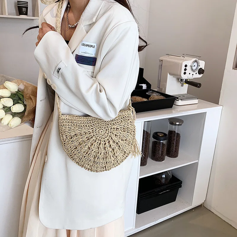 Mode Halbkreis Stroh Gewebt Schulter Umhängetasche Reise Kleine Handtasche Damen Sommer Handgemachte Rattan Quaste Design Strand Tasche – Detail 7