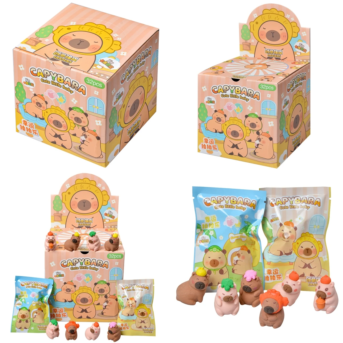 Original Box 32Pcs Capybara Blind Bag Cute Characters Little Baby Rubber Learning Stationery Model Figure Toy Children's Gift