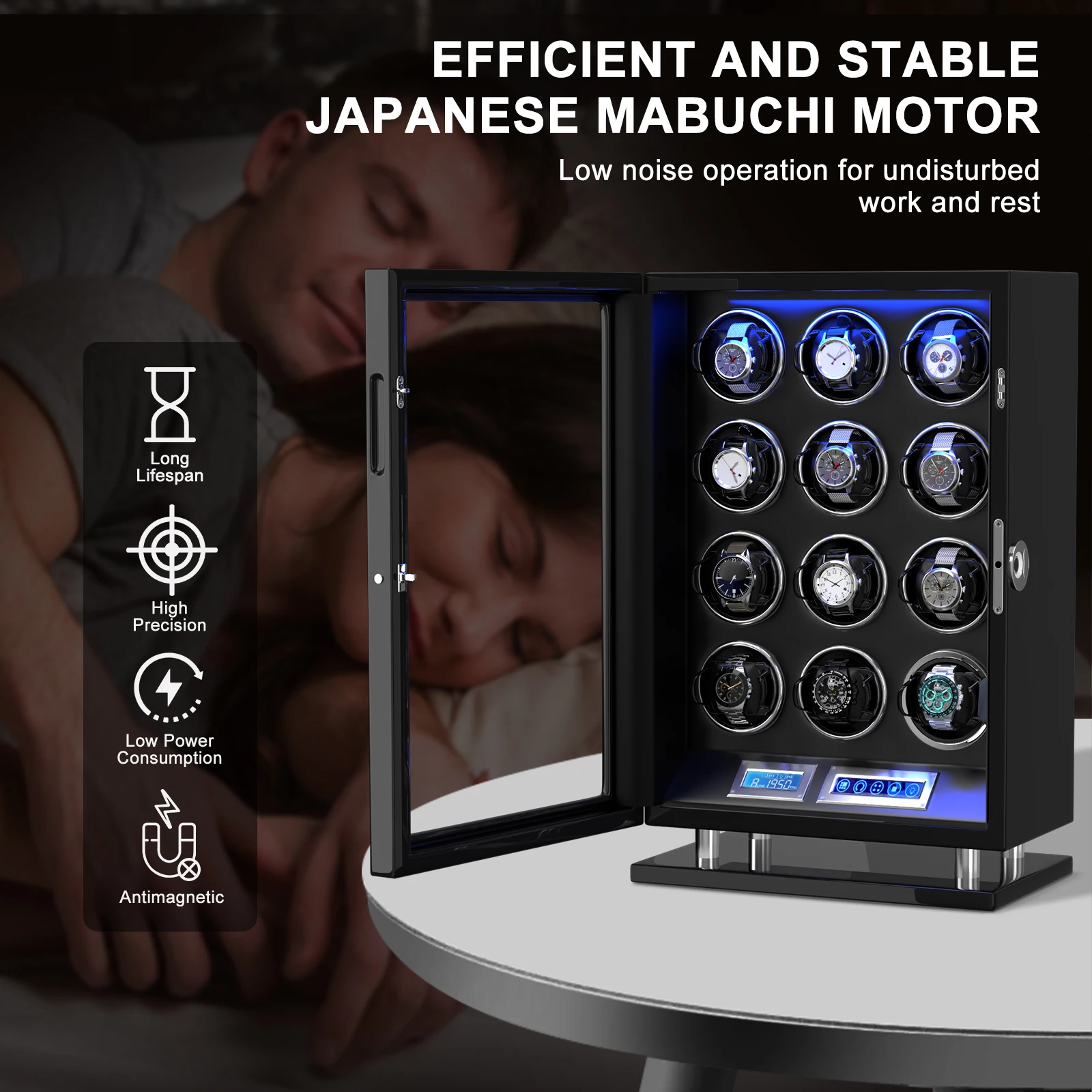 صندوق ملفاف الساعة لساعة أوتوماتيكية 12 ساعة مع ضوء LED أزرق وصندوق تخزين شاشة LCD تعمل باللمس