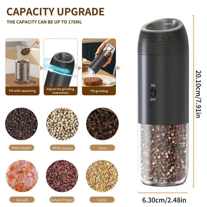 B58B-مجموعة هدايا - مطحنة كهربائية أوتوماتيكية قابلة لإعادة الشحن للملح والفلفل مع 6 إعدادات خشونة قابلة للتعديل