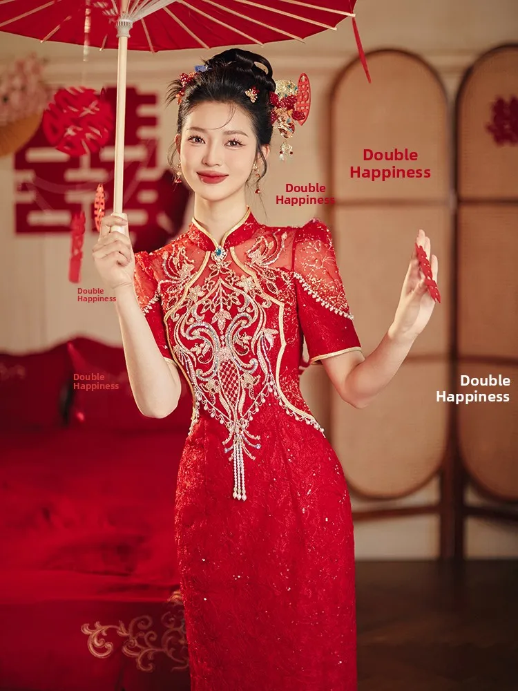 

Red New Chinese Sle Engagement Dr ort Sve Low Slit Wedding Dr for ort Women Ele Sensation