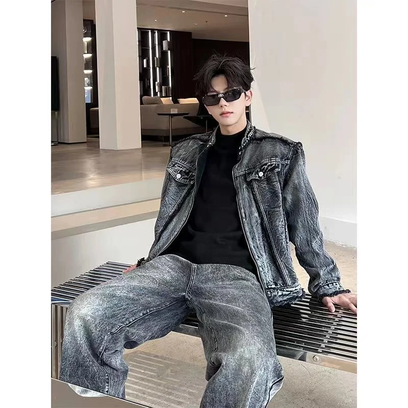 

Мужская джинсовая куртка в американском ретро-стиле с подплечниками, весна-осень, модная, с воротником-стойкой, черная, молодежная, трендовая, из полиэстера