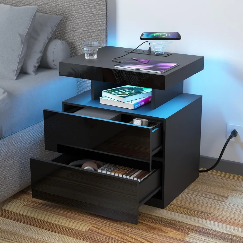 

LED Nightstand with Wireless Charging Station & USB Ports, Modern Bedside Table, Black Night Stand with Open Compartment, Smart