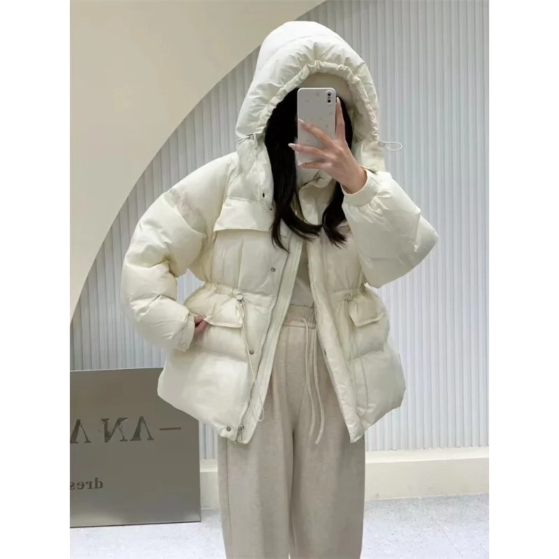 White Duck Down Coat for Women, Female Hooded Jacket, Thick Warm Coat, Lazy Wind, Casual Fashion, New, Winter