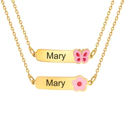 Children's Free Engraving Name Date Butterfly Necklace, Stainless Steel Rolo Chain Flower Necklace, Gold Color Cute Jewelry Gift