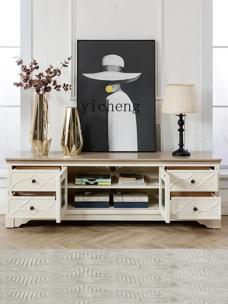 TV Cabinet Engraved French Cream Style European Mediterranean Pure Solid WoodX24