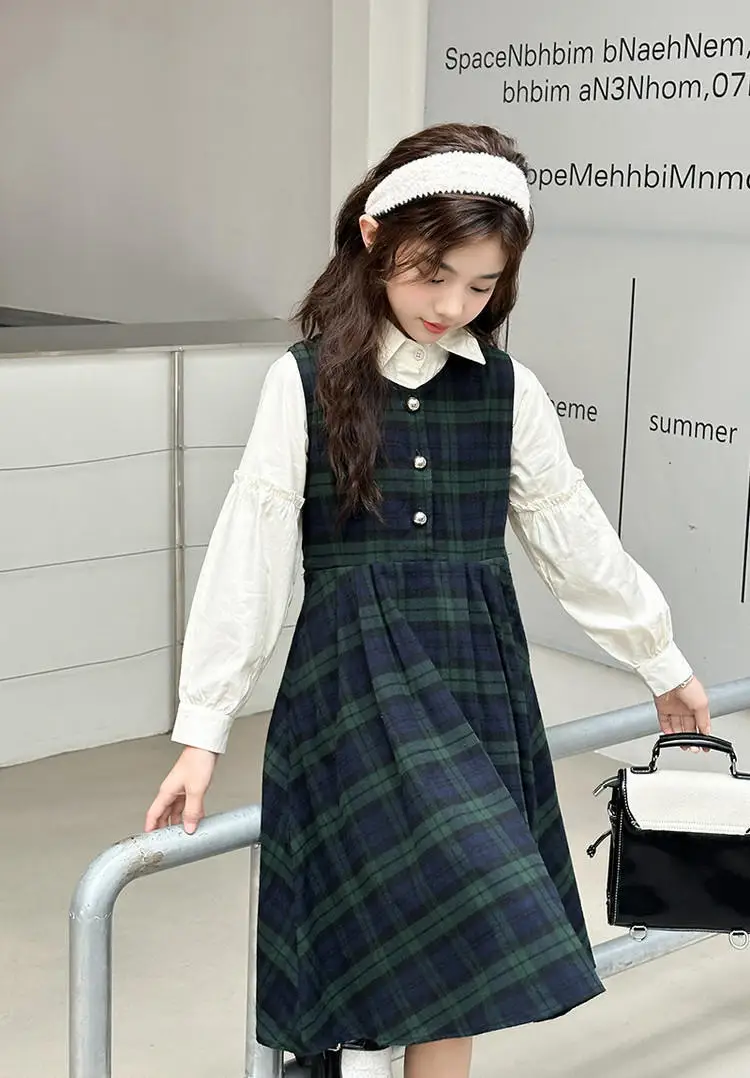 2025 Kids Dresses for Girls Green Grid Hair Vest Pleated Skirt Vest Skirt Autumn Girls Clothes Girls Dress