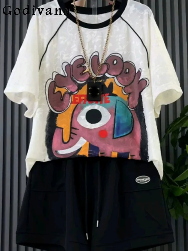 

Summer Leisure Two-piece Set Large Size Women Chic Cartoon Short Sleeve Crew Neck Top Fashion Versatile Age-reducing Shorts