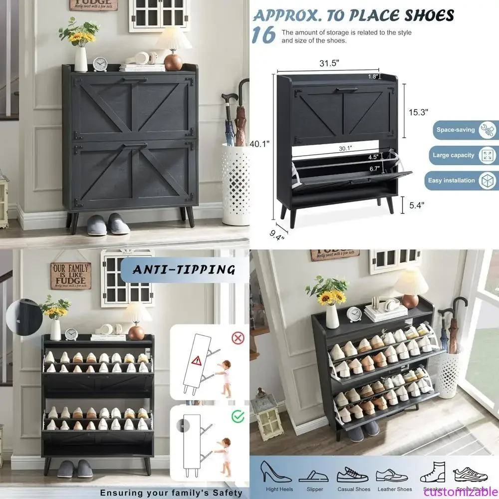 

Тумба для обуви в стиле фермерского дома с двумя выдвижными ящиками, узкая обувница для прихожих и коридоров