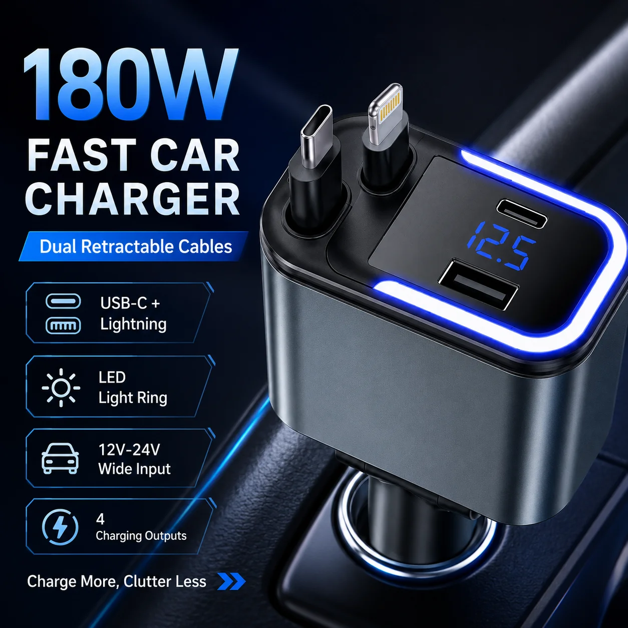180W Retractable Car Charger 4 in 1 USB C Lightning Compatible Cable Fast Charging Adapter 180 Degree Rotatable LED Display