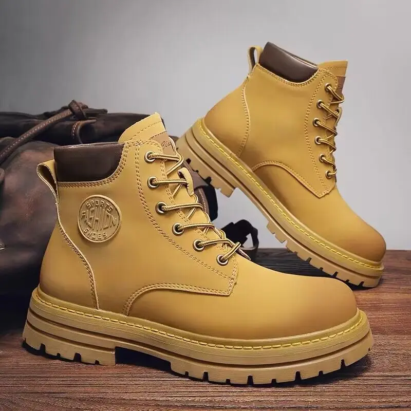 Men High Top Boots Fashion Casual Leather Boot Lace-Up Ankle Boot Non Slip Hiking Boots for Men Motorcycle Booties Botas Hombre
