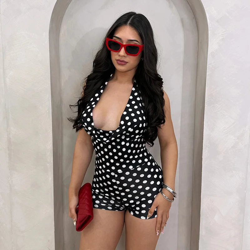 2026 Modetrends Damenkleidung Polka Dot Romper Neckholder Wasserfallausschnitt Rückenfreier Playsuit Sommer Lässiger Jumpsuit Streetwear – Detail 6