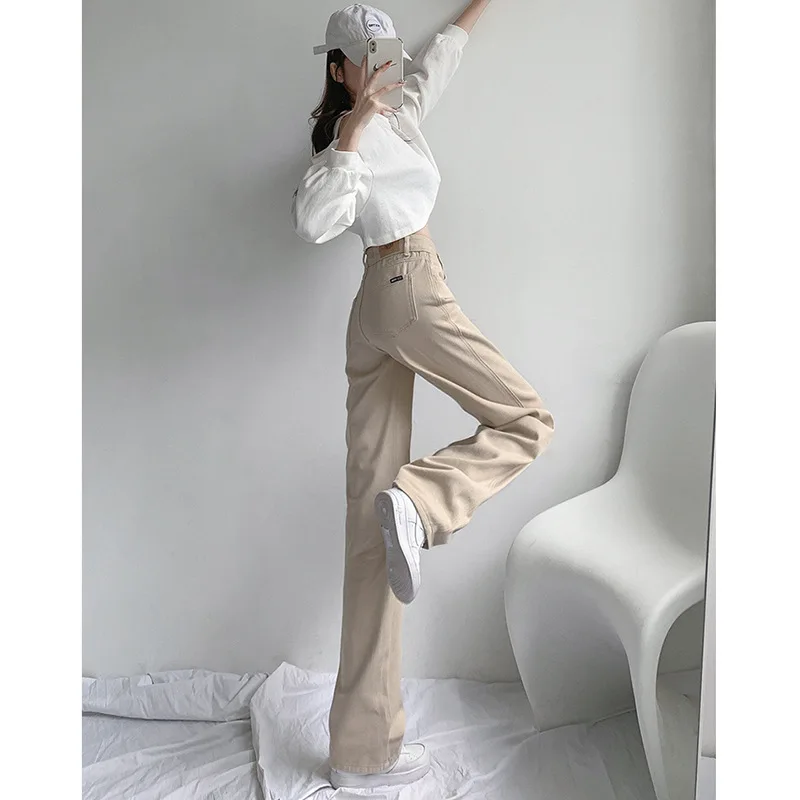 YJKDYK High Waist Wide Leg Jeans Narrow Version Straight Cut Long Pants Casual Style Khaki Color Women's Jeans Autumn Trousers