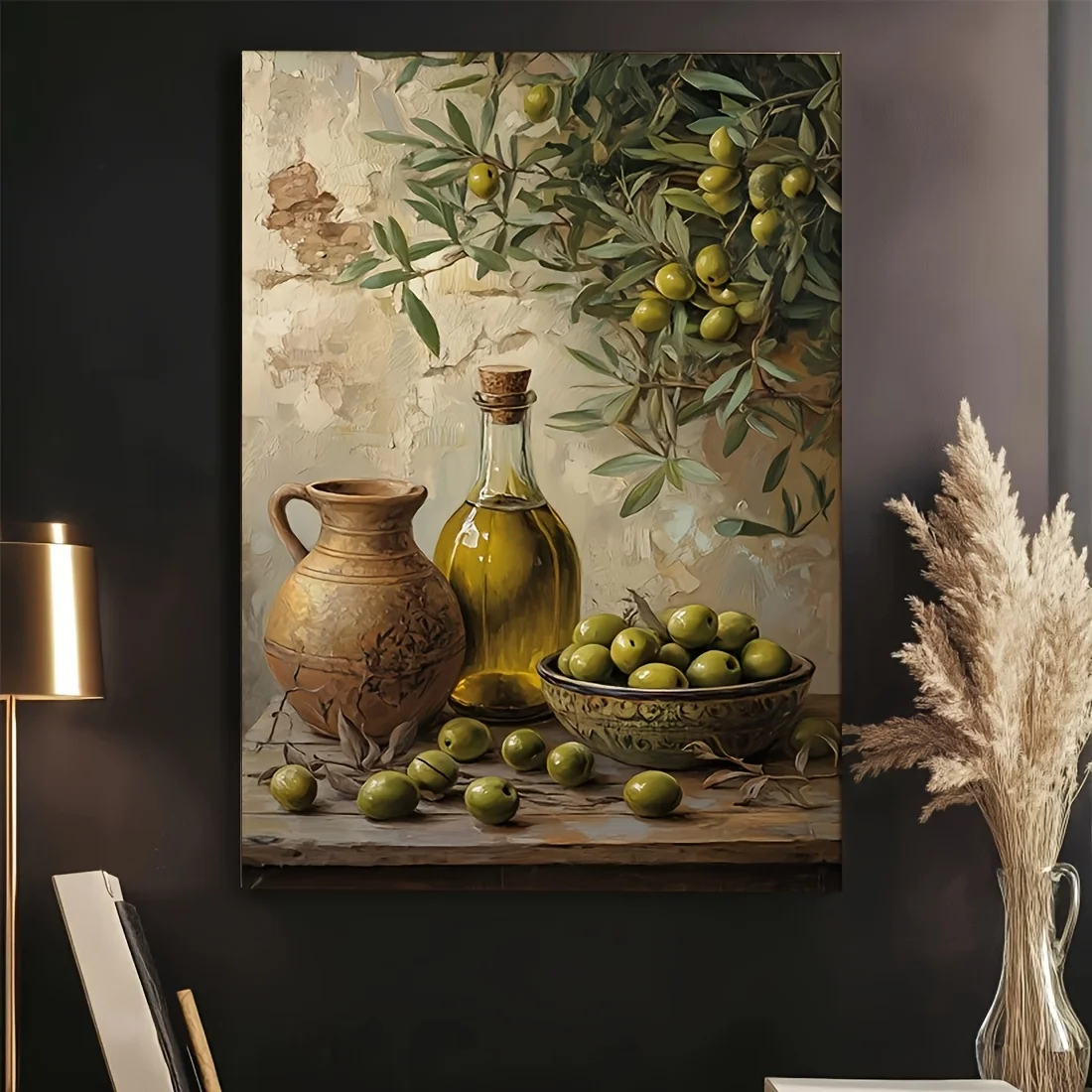 Olive Branch & Olive Painting Wall Art - Modern Mediterranean Olive Tree, No Frame, Olive & Tones, for Home Office Decor