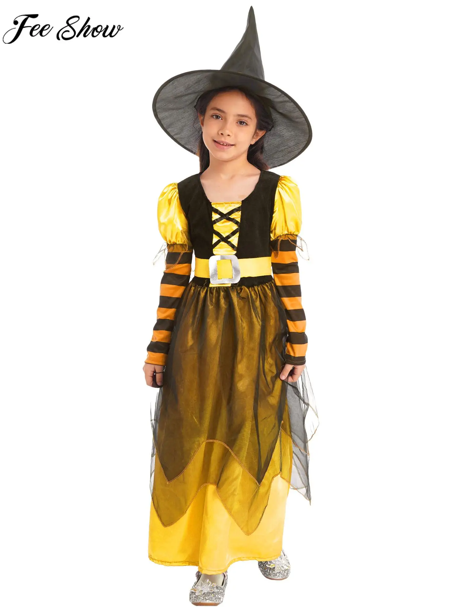 

Little Girls Halloween Witch Cosplay Dress With Pointed Hat Theme Party Carnival Sorceress Roleplay Stage Performance Clothing