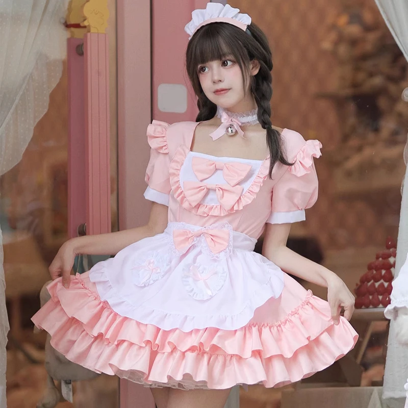 Japanese Sweet loli Dress Sexy Lolita Pink Maid Dress Headwear Set Sissy Party Cross dresser Cosplay Anime Plus Size Clothing