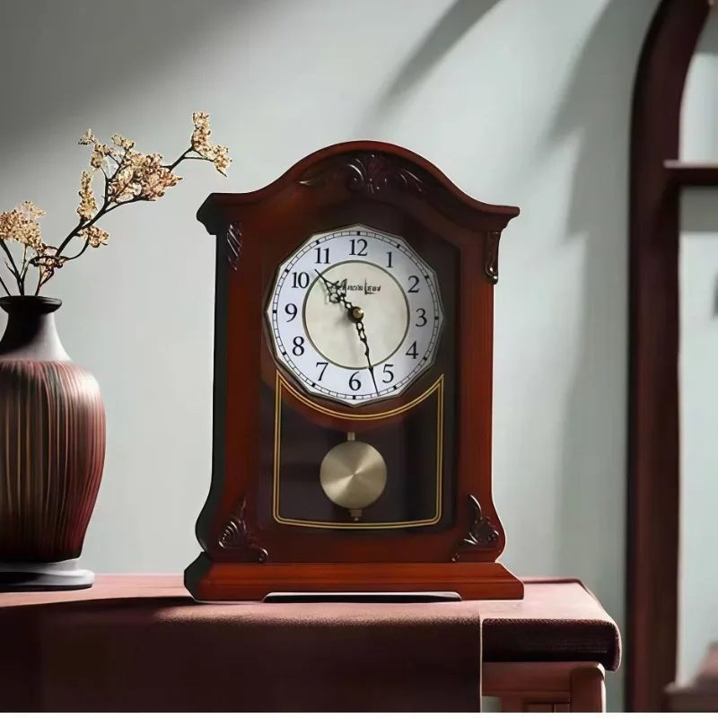 Solid Wood Table Clocks Retro Art Silent Desk Clock Music Time Announcement Table Clock Living Room Creative Home Decoration