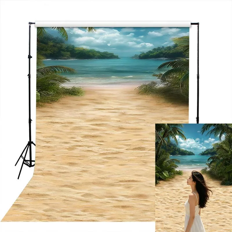 

LS Summer Beach Backgrounds Kids Adult Photography Props Child Baby Summer Palm Trees On The Sunset Beach Photo Backdrop