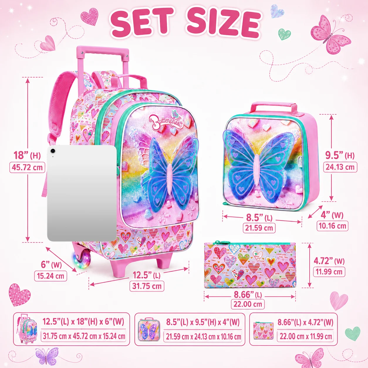 3pcs Girls Rolling Backpack Set, 3D Butterfly Wheeled School Bag with Handbag & Pen Pouch