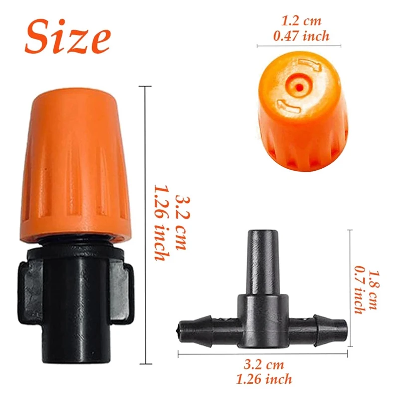 50 PCS Adjustable Misting Nozzle With Tee Joint For Garden Watering Irrigation Sprinkler For 4/7Mm 1/4 Inch Tubing Hose