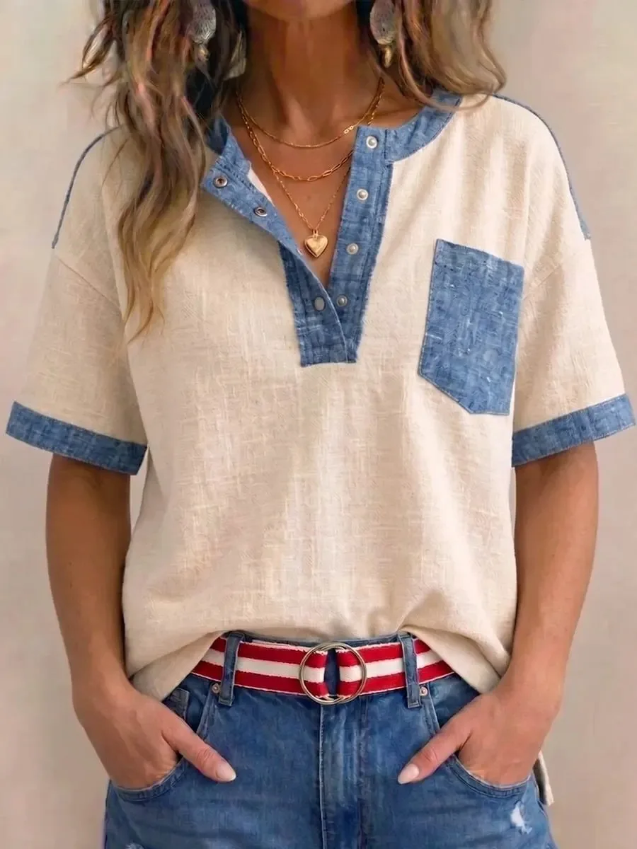 

Women Casual Denim Patchwork Short‑Sleeve T‑shirt Half‑Button Collar Pocket Loose Summer Daily Vintage Blouse Pullover Tops