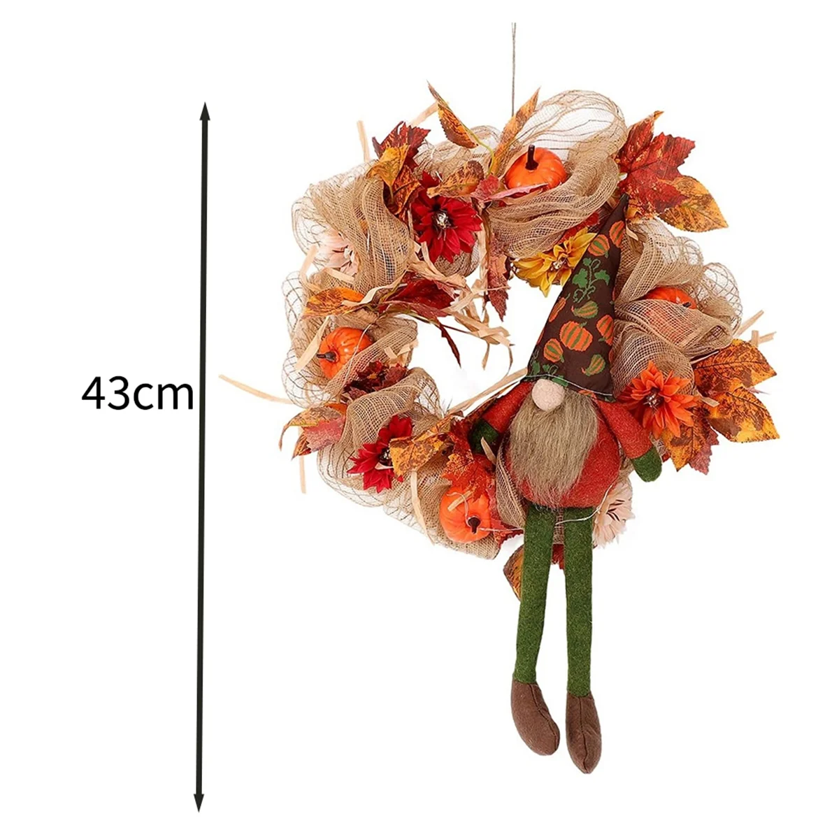 B74A Fall Wreath Burlap Front Doors Wreath with Gnome Artificial Maple Leaf Pumpkin Sunflower Autumn Harvest Decoration