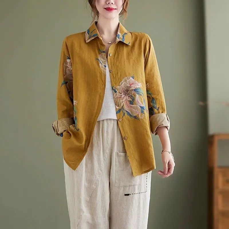 

Retro Ethnic Style Cotton Linen Print Shirt Women Autumn Loose Large Size Slimming Versatile Long Sleeve Top