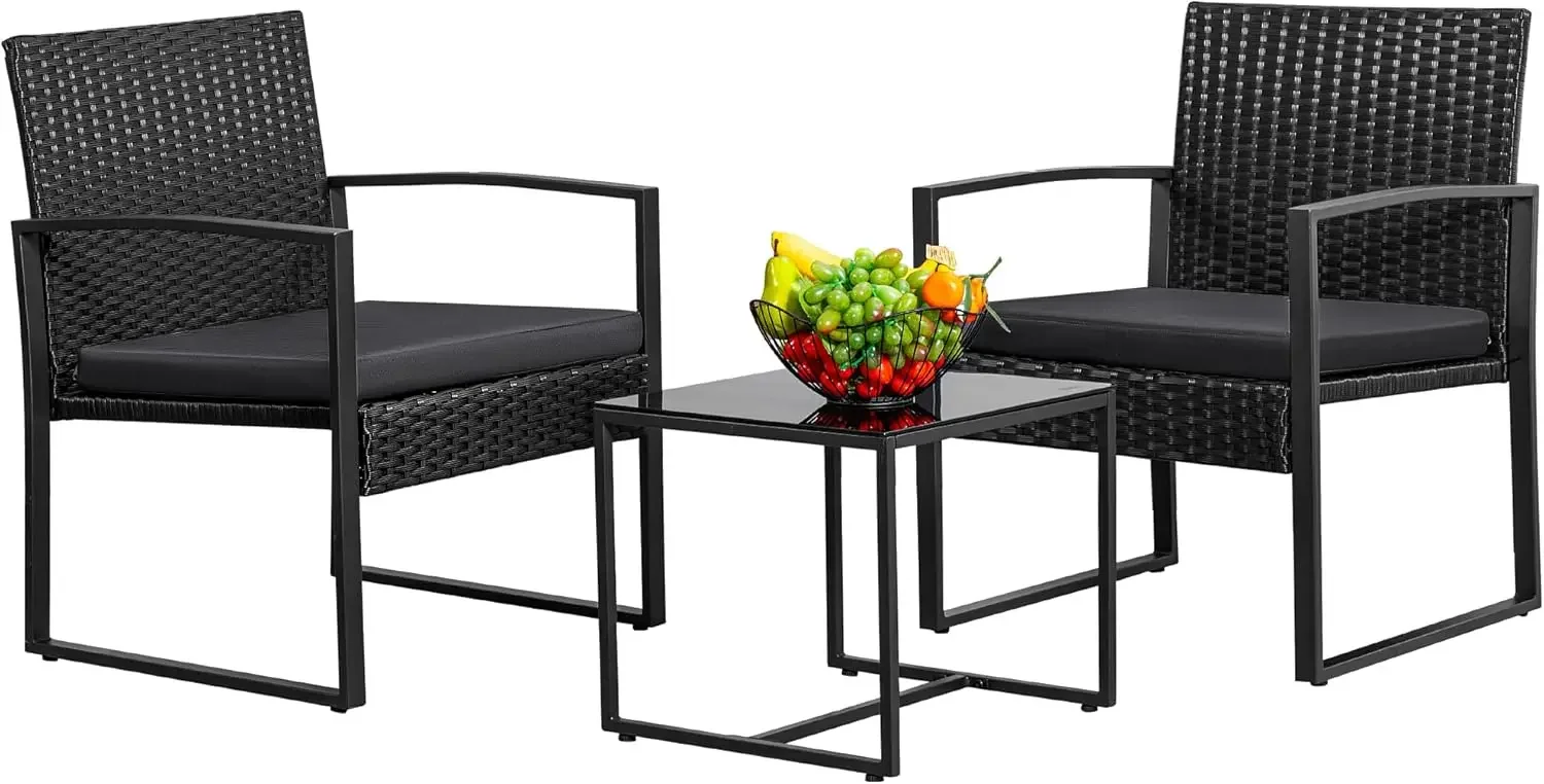 

3 Piece Wicker Conversation Bistro Sets Outdoor Patio Set Modern Rattan Chair Furniture Sets with Coffee Table (Black)